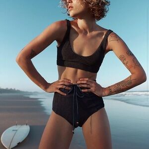 Free People Black Textured High-Waist Bikini Set